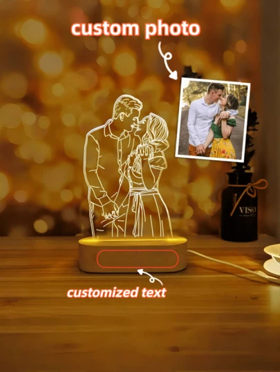 1 pieza Lámpara de foto 3D personalizada, luz nocturna de acrílico con diseño de línea minimalista grabado en ilusión luminosa sobre base de madera, regalo de aniversario, Día de San Valentín, cumpleaños, placa decorativa