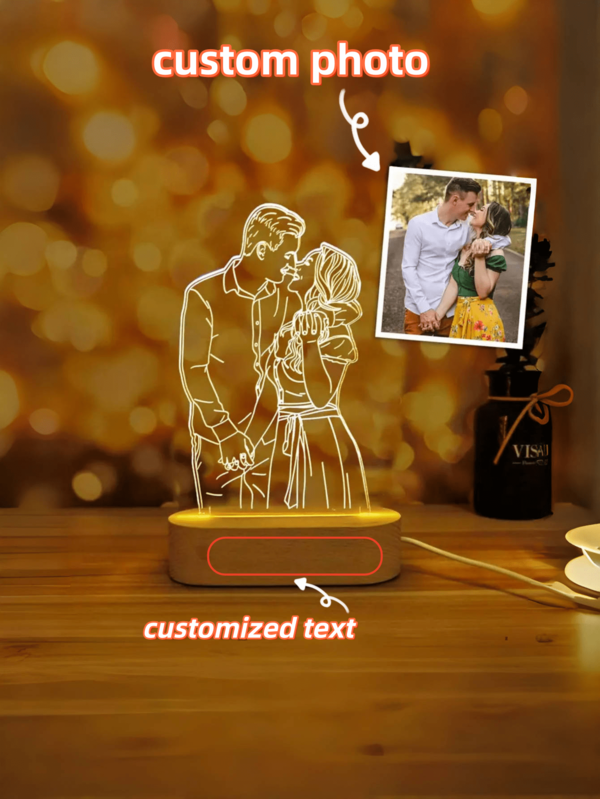 [2D Flat] 1pc Romantic Custom 3D Photo Lamp Acrylic Night Light Minimalist Line Art Picture Engraving Illusion Light Up Sign Plaque With Wood Stand, Anniversary Valentines Birthday Gift, Decorative Plaques & Ornaments