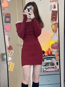 Pure Desire Wind Negro Un Hombro Sexy Spice Girl Vestido Manga Larga Otoño e Invierno Slim Mujeres Paquete Cadera Falda - Burdeos - Ver 6