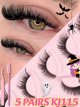 European And American Style, 5 Pairs Of Complete False Eyelashes Set, 8-15mm Length, No Glue Required, Black Stem, Eye Tail Extension, Cat Eye Decoration, Etc. Easy To Wear, Beginner-Friendly, Suitable For Daily Gatherings, Parties, Halloween, Christmas As A Gift, Give To Your Beloved