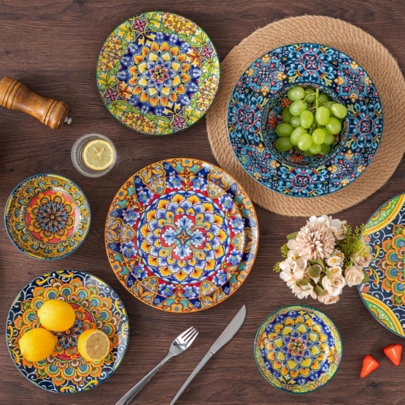 12 Pieces Dinnerware Sets, Plates And Bowls Set, Porcelain Dishes Set For 4, Microwave And Dishwasher , Scratch Resistant, Bohemian Style Dining Ware