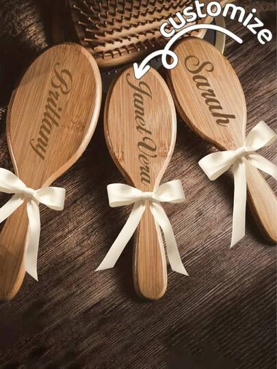 1pc Personalized Bamboo Hair Brush, Engraved Name, Anti-Static Hair Brush, Portable Hair Accessory, Wedding/Anniversary/Birthday Gift, Bridesmaid Gift, Unique Holiday/Party Souvenir, Multi-Functional, Decorative, Lettered Casual, Soft, Unique, Customized, Personalized, Ideal Gift For Her, Girlfriend, Wife, Boyfriend, Friend