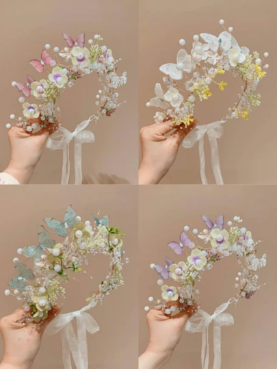 1 chiếc băng đô hoa, vương miện bướm và ngọc trai, phụ kiện váy công chúa, phụ kiện tóc kiểu Hàn Quốc cho biểu diễn.