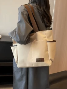 Simple Solid Color Canvas Tote Bag For Women, Large Capacity Crossbody Bag, Portable Travel Shoulder Bag, Casual Satchel Bag For Outdoor Travel Or Commuting Work, Vintage Multi-Pocket Handbag All-Match Square Bags For School