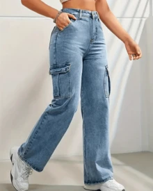 Women's Wide Leg Cargo Pants: Uncomplicated Style With Comfort And Practicality - 藍色 - 查看 4