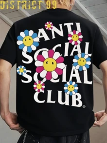 Anti Social Club Graphic Cropped T-Shirt For Boys And Girls Men, Women All Ages Family T-Shirt SLetter New Streetwear Clothing Harajuku T-Shirt Cotton Half Sleeve Tee, Y2K Style Casual Cotton Classic Crewneck Design Tee - 黑色 - 查看 1