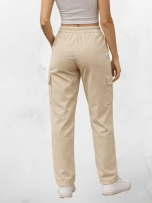 Pantalón de Pana Tipo Cargo para Mujer de Pana.  Cintura Elástica. - Beis - Ver 2