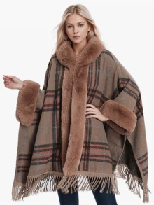 1pc Plus Size Hooded Cardigan With Fringes, Plaid Pattern, Knitted Poncho Shawl