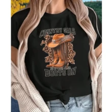 Women's Country T-Shirt, 100% Cotton Blouse, Printed Shirt, Peacock Fashion, Boots, Hat, Launch - 黑色 - 查看 2