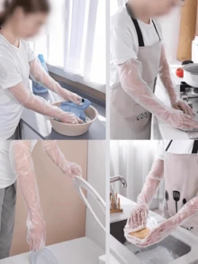 10/20/40只装一次性PE臂手套厨房家用清洁防水弹力抽绳加长臂手套 - 彩色 - 查看 2