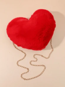 Girls' Plush Heart-Shaped Fluffy Handbag, Girls' Soft Small Shoulder Bag/Clutch With Metal Chain, Fun & Quirky Gag Gift, Best Autumn Wallet, Perfect Valentine's Day Gift, Heart-Shaped Wallet Matches Valentine's Day Dress Perfectly - Red - View 7
