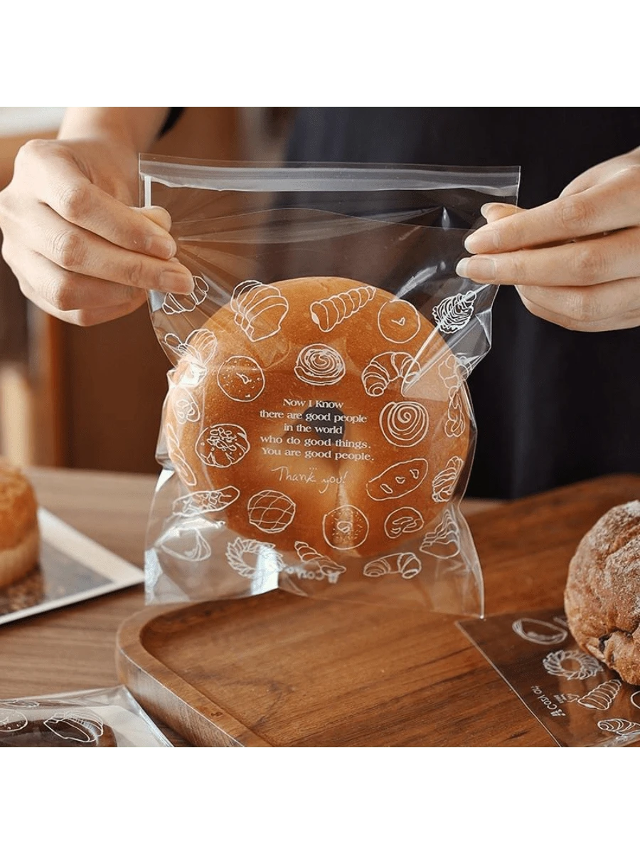 Super Value 100 Pieces Restaurant Self-Bag - Multi-Functional Food Storage, Suitable For Baked Goods And Fruits - Essential For Home Kitchen Organization (5.91x7.09 Inches) - Trong suốt với họa tiết bánh mì - Xem 1