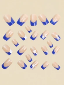 Adesivos de Unha Estilo Francês, 24 Peças Destacáveis de Adesivos de Unha Postiça, Série Azul de Adesivos de Unha Estilo Francês. Adequado para Mulheres, para Uso Diário, Encontros e Festas. Uma Bela Arte de Unhas também é o Melhor Presente para Amigos.