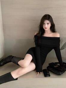 Pure Desire Wind Negro Un Hombro Sexy Spice Girl Vestido Manga Larga Otoño e Invierno Slim Mujeres Paquete Cadera Falda - Negro - Ver 5
