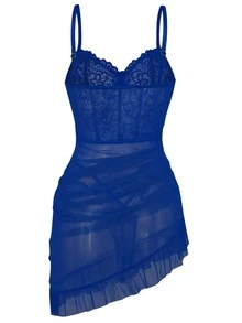 SOFUSEN 2 Pcs Women's Lace Chemise Set,Sexy Deep V-Neck & Open Back, Off-Shoulder Bow Detail Sheer Floral Lace Mesh,With Underwire,Panty,For Date Night, Honeymoon,  ,   Party - 藏青色 - 查看 2