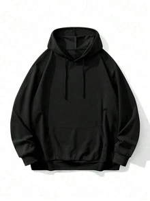 Black Hoodie, 1 Pcs Autumn And Winter  Solid Basic Hoodie, Suitable For Everyday Casual Wear - 黑色 - 查看 2