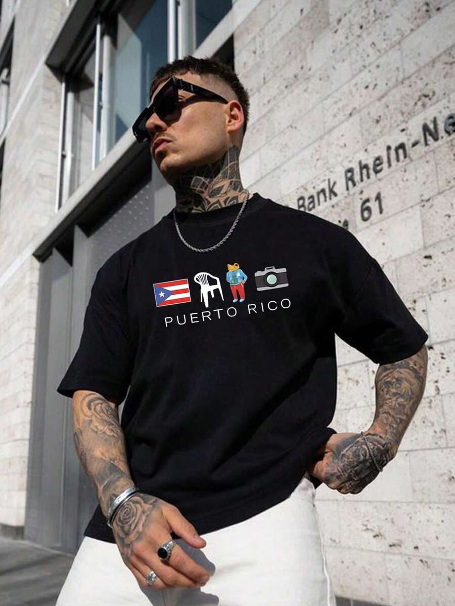 Men's Puerto Rico Flag Graphic Black Y2K T-Shirt Graphic Tees Men Tops - Black - View 1