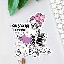 1PC "Crying Over Book Boyfriends" Skeleton Reader Sticker – Dramatic Romance Meme, Waterproof Vinyl For Tablet Covers, Bookshelves & Bookish Hearts. Stickers Scrapbook Supplies Funny Stickers Scrapbooking Supplies Kindle - Multicolor - View 1