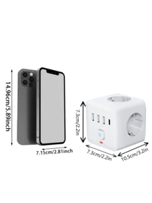 1pc 7-In-1 Multifunctional Power Strip, Equipped With Surge Protector, 3 EU Power Sockets, 3 USB-A Ports, 1 USB-C Port, Wall Adapter With Overload Protection And Independent Switch, Suitable For Home, Office, Travel, Bedroom, Gaming Room And More