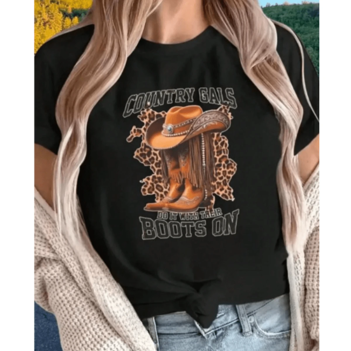 Women's Country T-Shirt, 100% Cotton Blouse, Printed Shirt, Peacock Fashion, Boots, Hat, Launch - 黑色 - 查看 1