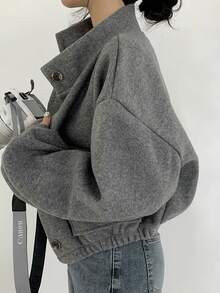 Cool guapo versión coreana del nuevo otoño e invierno cuello nicho sección corta perezoso viento suelto casual tweed tweed chaqueta de la blusa de las mujeres - Gris - Ver 2