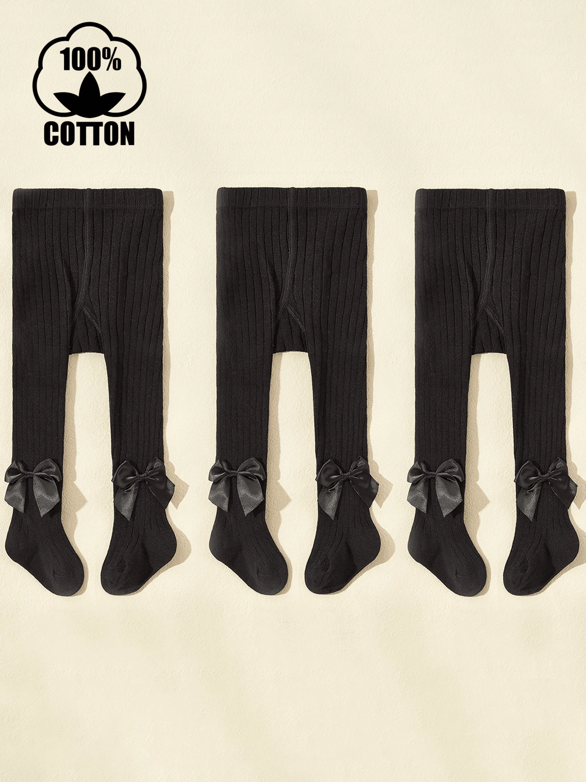 3 Pairs Cotton Butterfly Striped Tights For Girls, Children Pantyhose Stockings, Spring/Autumn - Black - View 1