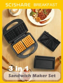 SCISHARE 1PC 850W 3-In-1 Waffle Maker, Sandwich Maker & Panini Press Grill | Removable Super Non-Stick Ceramic Plates | EU Plug | Versatile Electric Cooker For Grilled Cheese, Tuna Melts, Burgers, Steaks & Snacks, Black, Easy Plate Replacement