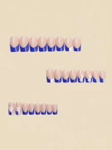 Adesivos de Unha Estilo Francês, 24 Peças Destacáveis de Adesivos de Unha Postiça, Série Azul de Adesivos de Unha Estilo Francês. Adequado para Mulheres, para Uso Diário, Encontros e Festas. Uma Bela Arte de Unhas também é o Melhor Presente para Amigos.