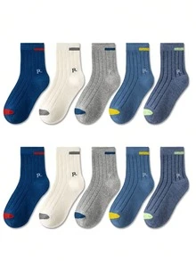 5 Pairs Boys Socks, Mid-Calf Sports Socks For Spring/Summer, Breathable Solid Color Socks With Letter R Design - Multicolor - View 14
