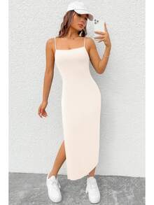 Viscolycra Spaghetti Strap Dress With Side Slit - Champagne - View 1