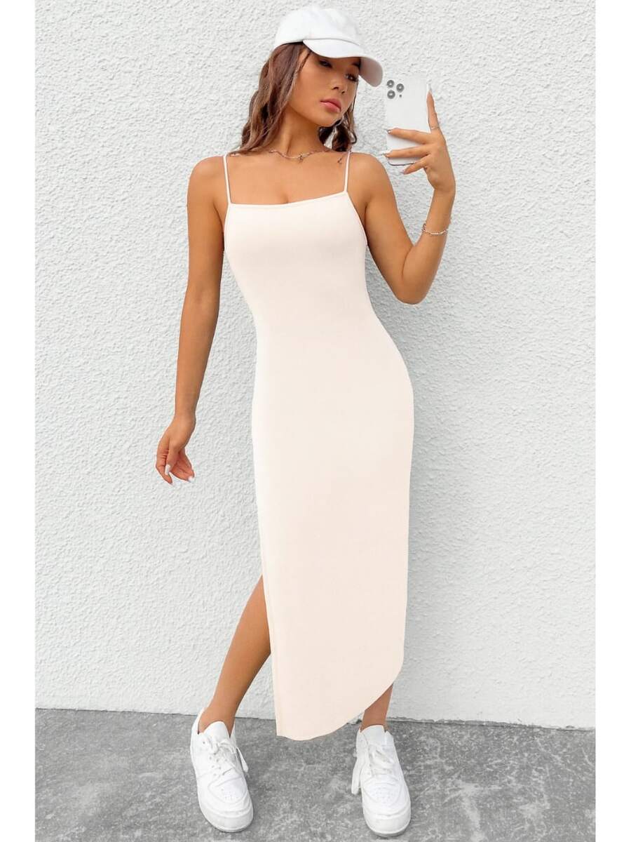 Viscolycra Spaghetti Strap Dress With Side Slit - Champagne - View 1