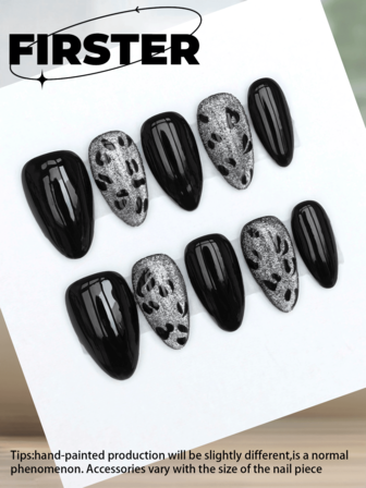 10 Pcs Almond Handmade Press-On Nails,Short Nails,Nail Supplies,Leopard Nails,Sliver Wide Cat Eye Nails,Black Nails,Fake Nails,Fall And Halloween Nails For Women And Girls Vacation Or Everyday Wear