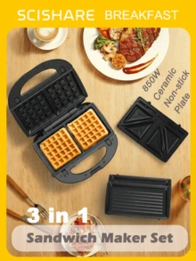SCISHARE 1PC 850W 3-In-1 Waffle Maker, Sandwich Maker & Panini Press Grill | Removable Super Non-Stick Ceramic Plates | EU Plug | Versatile Electric Cooker For Grilled Cheese, Tuna Melts, Burgers, Steaks & Snacks, Black, Easy Plate Replacement
