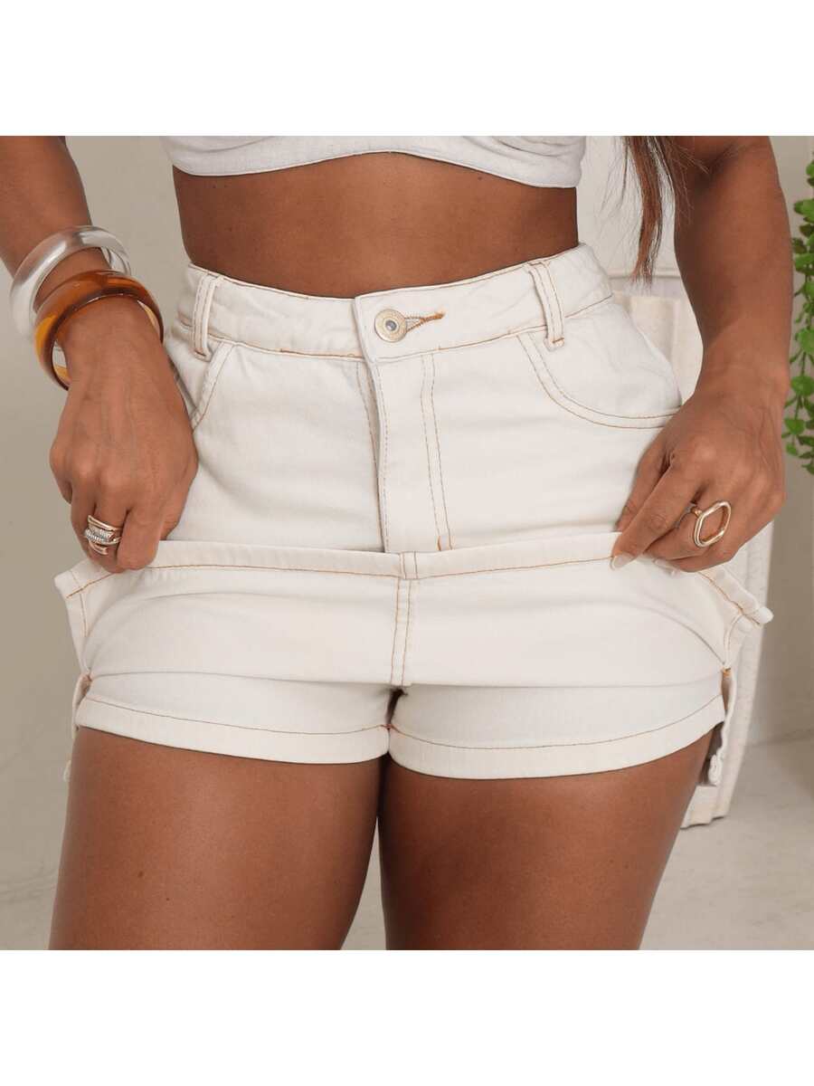 Shorts And Jeans Skirt With Small Side Slit - 香檳色 - 查看 1