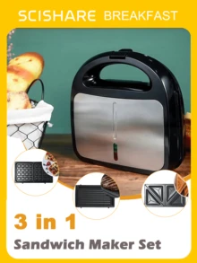 SCISHARE 1PC 850W 3-In-1 Waffle Maker, Sandwich Maker & Panini Press Grill | Removable Super Non-Stick Ceramic Plates | EU Plug | Versatile Electric Cooker For Grilled Cheese, Tuna Melts, Burgers, Steaks & Snacks, Black, Easy Plate Replacement