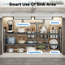 Senmeo 1\2-Tier Expandable Under Sink Organizer - 2\5 Detachable Baskets, Heavy-Duty Metal - Adjustable Height (35.4"-38.6") For Kitchen & Bathroom Storage - 黑色 - 查看 5