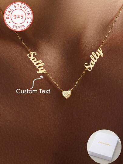 A 925 Silver Fashion Simple Personalized Two English Name Heart Zirconia Necklace, Vintage, Casual, Cute, Minimalist, Simple Customization, Personalized And Unique Ideal Gift For Girlfriends, Mothers, Family, Friends, Anniversary Gifts, Birthday Gifts, Daily Dress Up Gifts, Prom Gifts, Mother's Day Gifts, Valentine's Day Gifts, Graduation Gifts, Wedding Gifts, Party Gifts,Black,Silver,Gold,Stylish,Colorful,Vintage,Simple,Unisex,Casual,Cuties,Custom,Personalized,Unique,Ideal Gifts For Him,Ideal Gifts For Her,Her,Boyfriend,Girlfriend,Dad,Mom,Family,Friends,For Anniversaries,For Birthdays,For Graduation,For Prom,For Party,Customized Fashion Jewelry