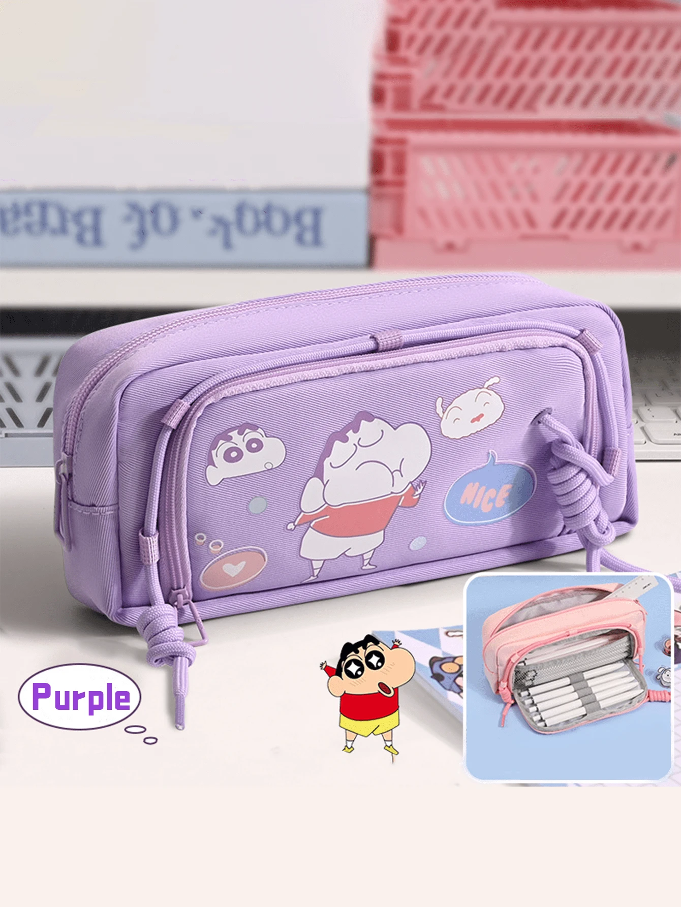 Crayon Shin-chan Federmäppchen aus Oxford-Stoff mit Frontöffnung, Lila Edition, cooler und effizienter Schreibwarenbehälter mit robuster Konstruktion und bezauberndem Design, ideal für Schulbedarf, Büroorganisation oder Reisebedarf, perfektes Geschenk für Cartoon-Fans und Studenten, die funktionale Schreibtischartikel benötigen