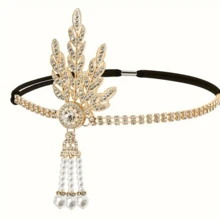 1920 Makeup Ball Accessories Party Feather Alloy Headband Pearl Necklace Set - Multicolor - View 3