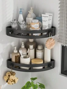 1个/2个装淋浴角置物架，PP材质，收纳架，整理架，适合家庭使用，可用于浴室、厨房，放置洗发水、沐浴露、化妆品等，节省空间，易于安装，防滑设计，浴室配件，淋浴置物架，房车必备，家居装饰浴室配件浴室工具 - 黑色 - 查看 9