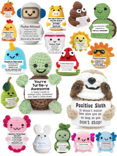 带贺卡的钩针向日葵饰品，有趣的装饰品，带有向日葵/树懒/乌龟/胡萝卜/兔子的情感支持设计，送给朋友的创意礼物，派对装饰，节日礼物，毛绒玩具，节日，树懒毛绒动物