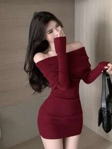 Pure Desire Wind Negro Un Hombro Sexy Spice Girl Vestido Manga Larga Otoño e Invierno Slim Mujeres Paquete Cadera Falda - Burdeos - Ver 3