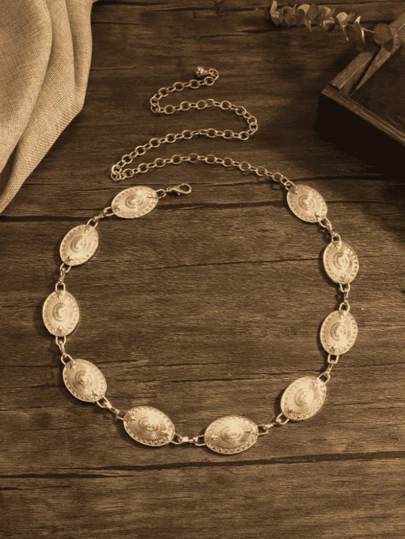 1 pieza Cadena de cintura ovalada de metal grabada con flores de estilo vintage y personalizada, cinturón de cadena de vestido versátil y de alta gama estilo bohemio, adecuado para mujeres en cualquier ocasión