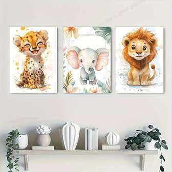 1/3 件套无框帆布艺术版画 - 充满活力的丛林野生动物，包括猎豹、狮子和大象 - 非常适合卧室、客厅或家庭办公室装饰，可选木框画