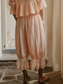 Womens Cropped Pants Loose Mid Rise Patchwork Lace Lantern Trousers Casual Streetwear - Champagne - View 2