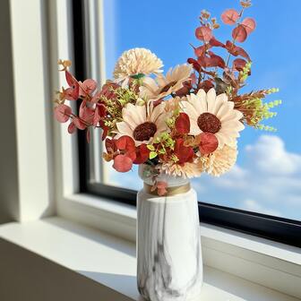 1 Bouquet Mixed Artificial Flowers (Dandelion/Eucalyptus Leaf/Chrysanthemum), Autumn Fake Flowers Decor, Home Wedding Decoration, Tabletop Centerpiece