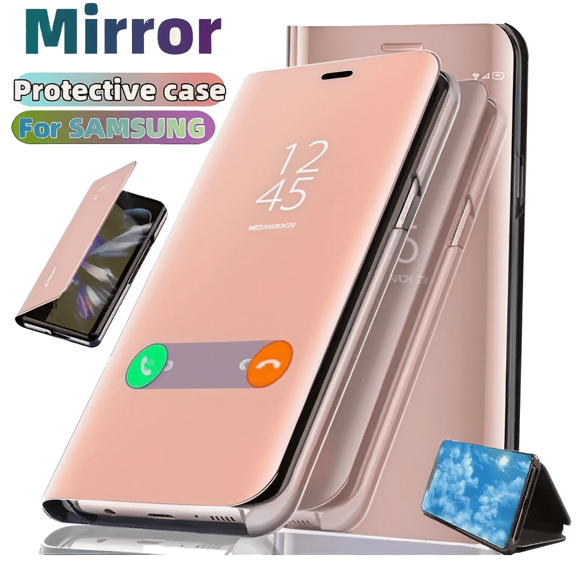 Hadaasi 1件裝玫瑰金電鍍亮面化妝鏡翻蓋3D鏡面奢華折射亮面折疊支架皮革保護殼 垂直支撐創意新款全包防摔防刮優雅時尚 男女適用手機殼 兼容 Apple 17e/17pro/17promax/Apple Air/17/Apple Air/16e/15Plus 與 Honor 400/400Pro/400Lite 以及 S26Ultra/S26Plus/S26/A17/A07/A57/A37/A56/A36/A26/A55/A35/A25/A15/A14/A16 與 15C