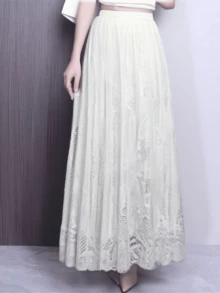 Long Skirt With Lace Appliqué | Elegant Fairy Style - 米色 - 查看 1
