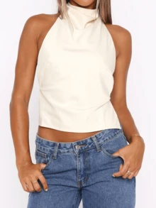 Women's Halter Neck Satin Tops Sleeveless Backless Solid Color Slim Fit Tops Summer Shirts - 白色 - 查看 2