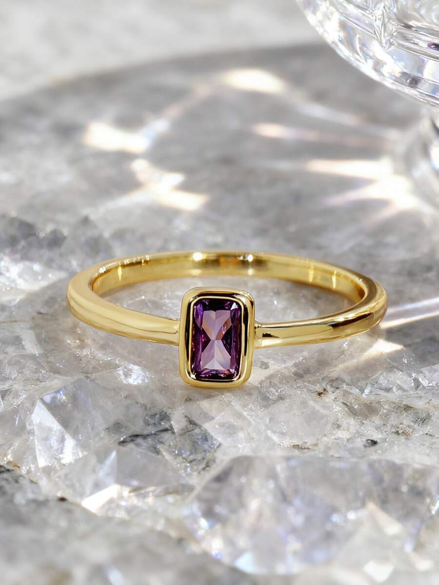 Charm-In 1pc Shiny Gold-Color Zirconia Stone Women's Ring, Holiday Gift - Gold/Purple Stone - View 1